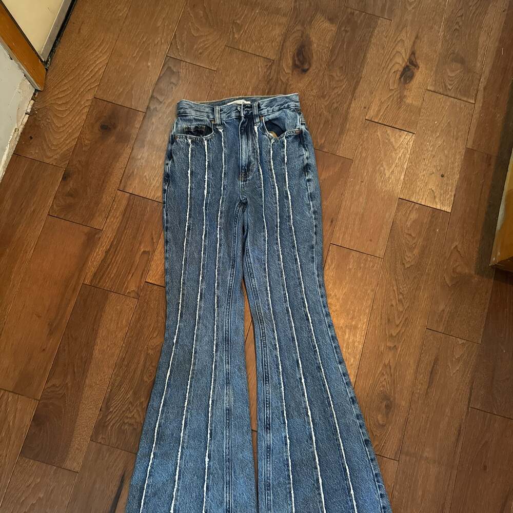 PacSun Eco Medium Blue Frayed Stripe High Waisted Flare Jeans vintage 90s